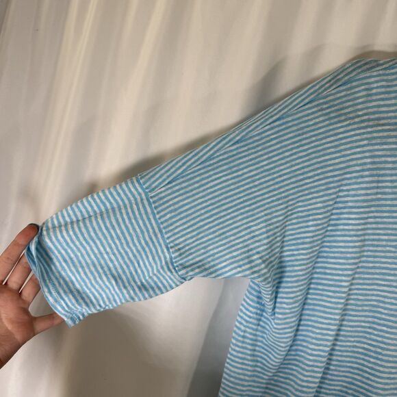 Chico's 100% Linen Blouse Women's 2 Large Blue White Striped Vneck 1/2 Sleeve - Picture 4 of 9